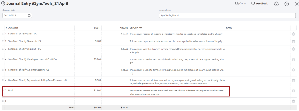 SyncTools bank transaction screen showing payment reconciliation process for accurate ecommerce accounting and financial reporting