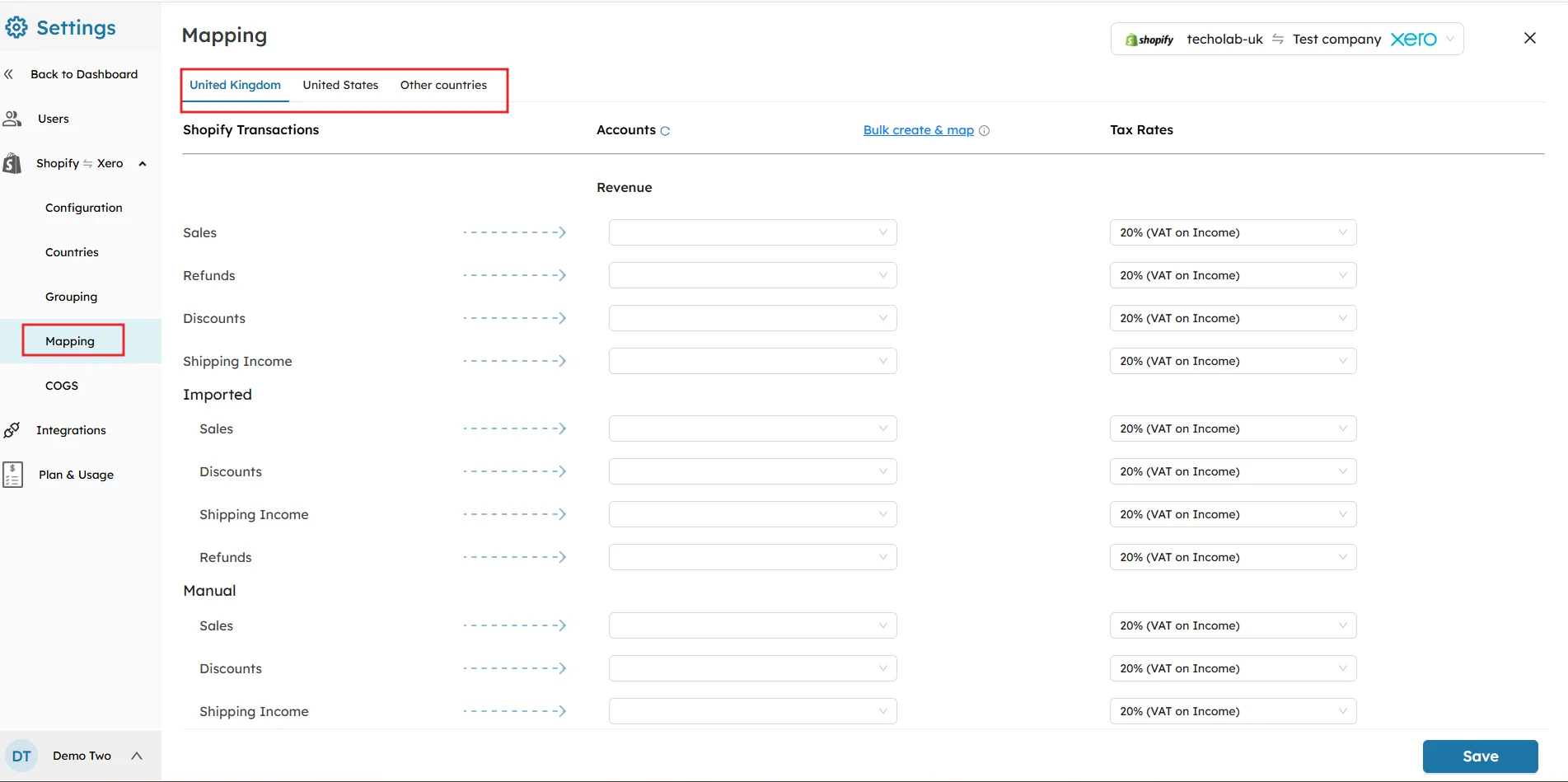 SyncTools mapping settings showing Shopify transactions mapped for United Kingdom, United States, and other countries.