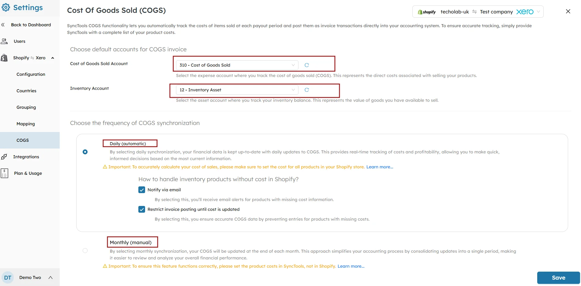 SyncTools COGS settings showing selected accounts, daily sync frequency, and inventory handling for missing product costs.