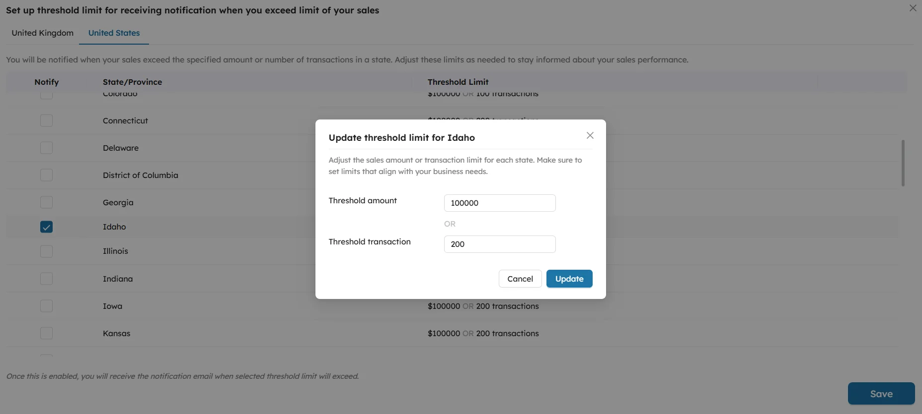 SyncTools Idaho threshold limit update modal showing $100000 sales amount and 200 transactions with update button