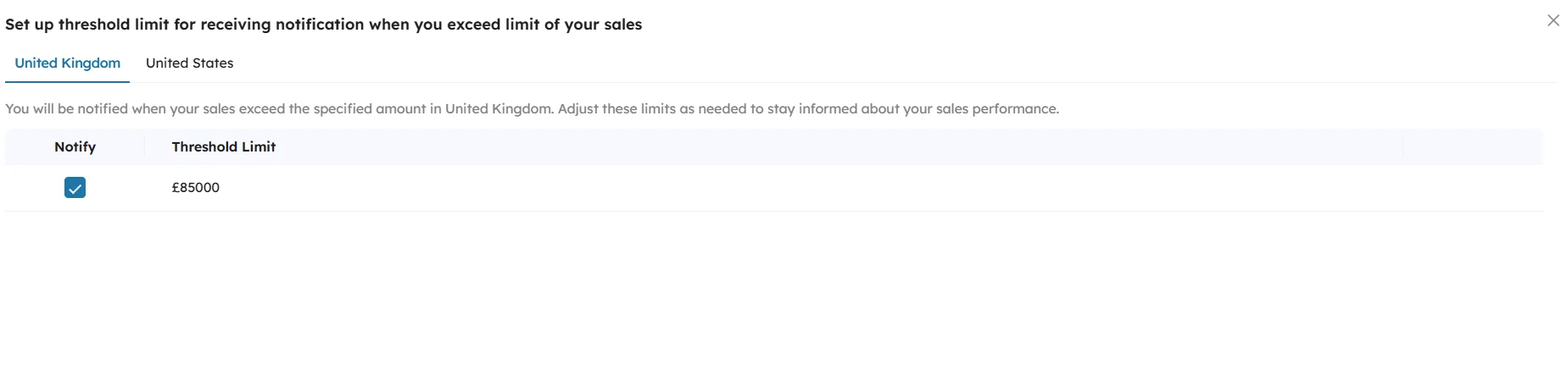 SyncTools threshold limit setup for UK sales notifications showing £85000 limit with notify checkbox enabled