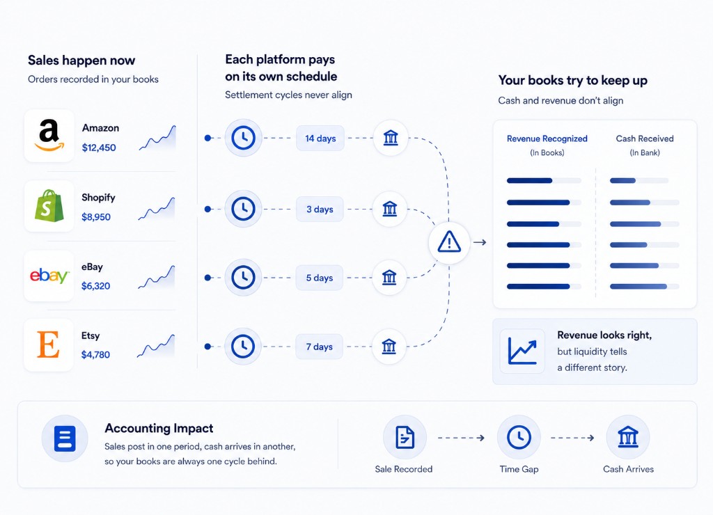 Multi-channel settlement timing visual showing sales now, different platform payout cycles, and cash versus revenue mismatch.
