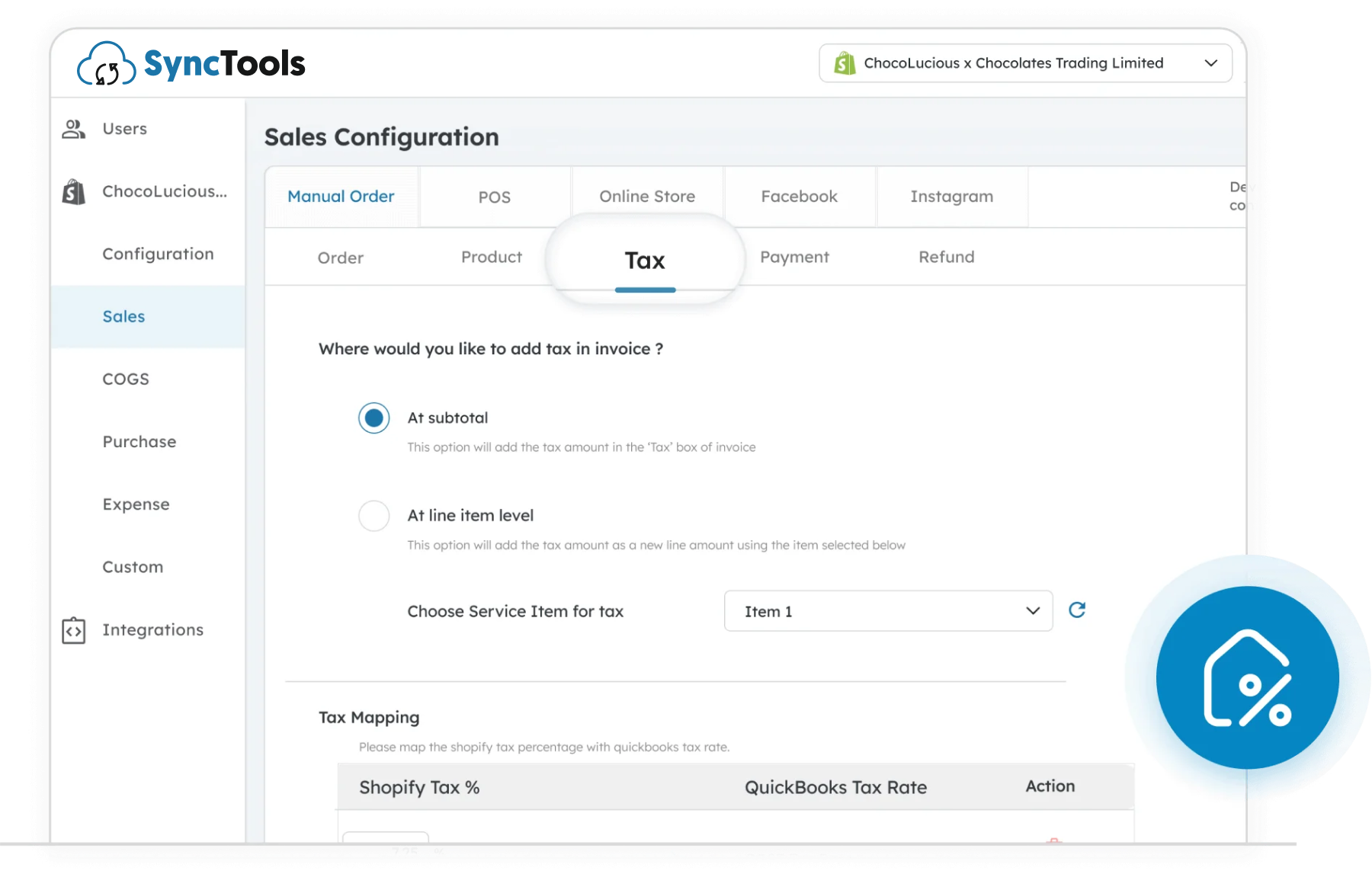 Configure tax settings in SyncTools for Shopify sync with subtotal or line item tax mapping options