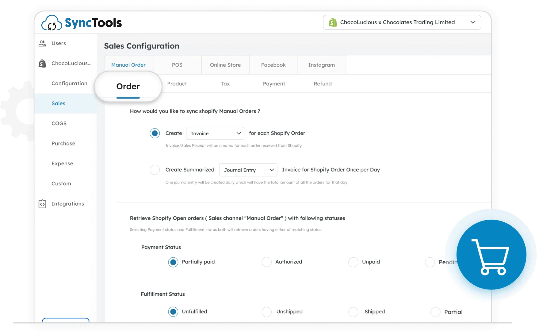 SyncTools sales configuration for Shopify orders with individual or summarized sync settings